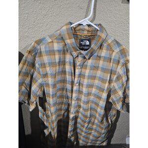 The North Face Orange Brown Plaid Button Down Shirt Men's XL Short Sleeve